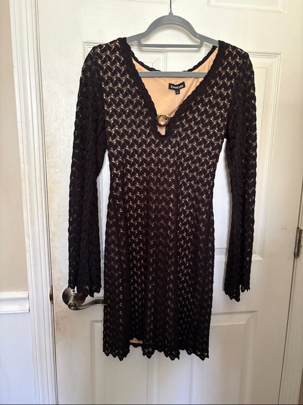 bebe Black Lace Long Sleeve V-Neck Dress with Nude Underlayer